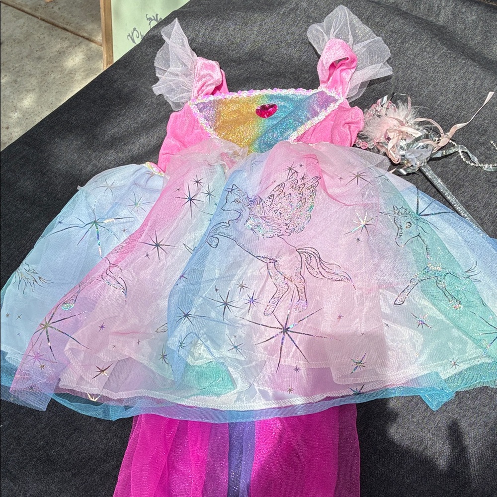 Girls' Pink Rainbow Unicorn Tulle Costume Dress with Wand